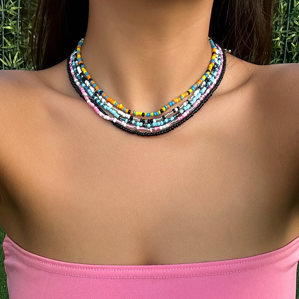 Bohemian Style Geometric Pendant Necklace Set for Women with Beaded Accents, Resin Plastic Construction, and Ball Chain