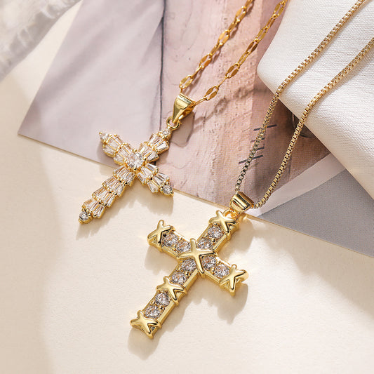 Minimalist Cross Pendant Necklace for Women with Gold-Plated Copper and Zirconia, Geometric Locket Chain