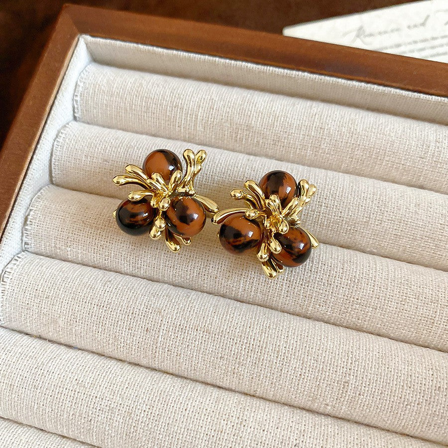 Pendientes de tuerca geométricos de ojo de tigre chapados en bronce mate para mujer, joyería de lujo minimalista artística vintage