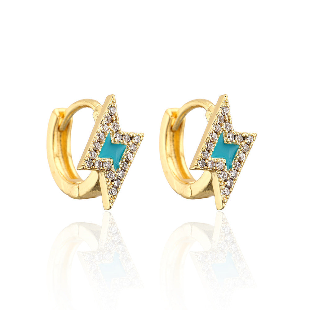 Orecchini minimalisti geometrici in rame con placcatura in oro 18 carati e design a fulmine in zircone smaltato da donna