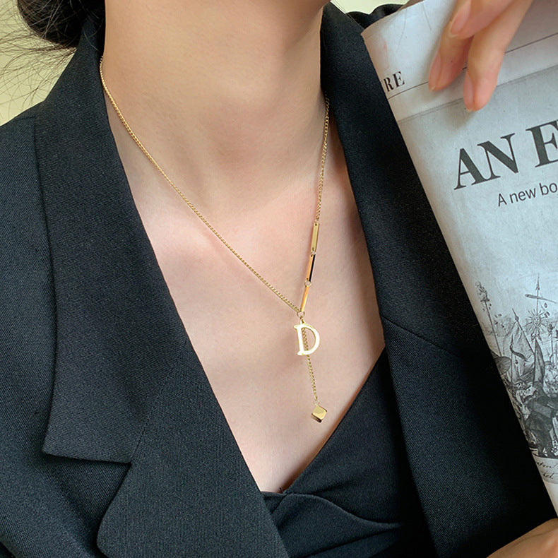 Minimalist Letter D Pendant Necklace in Titanium Steel with Real Gold Plating for Women