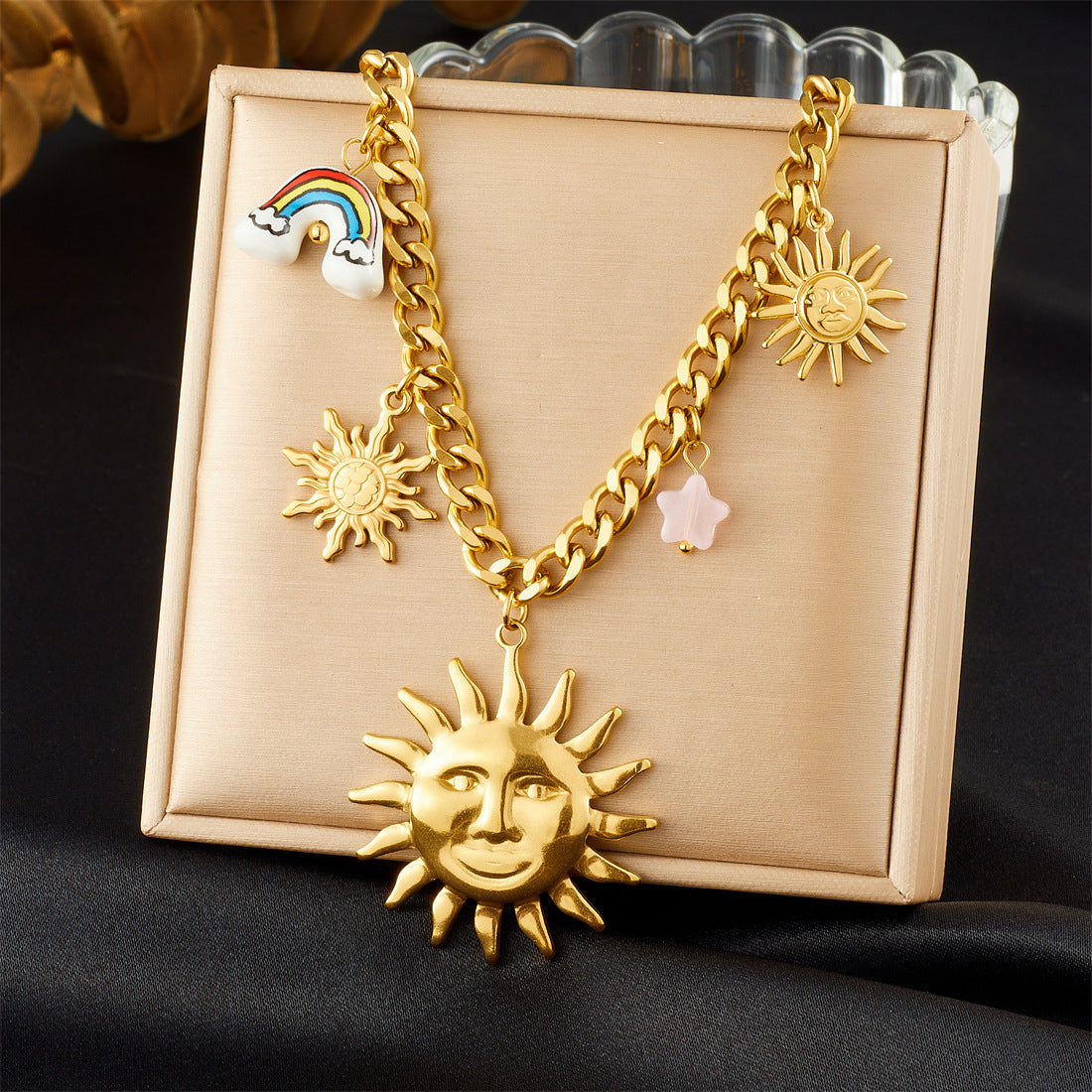 Unique Gold Plated Stainless Steel Moon Star Ceramic Rainbow Pendant Necklace and Bracelet Set for Women