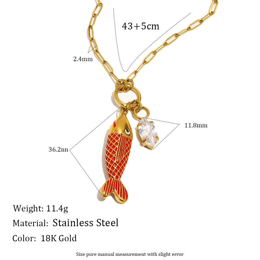Elegant Luxury 18K Gold Plated Stainless Steel Drip Oil Fish Pendant Necklace with Cubic Zirconia for Women