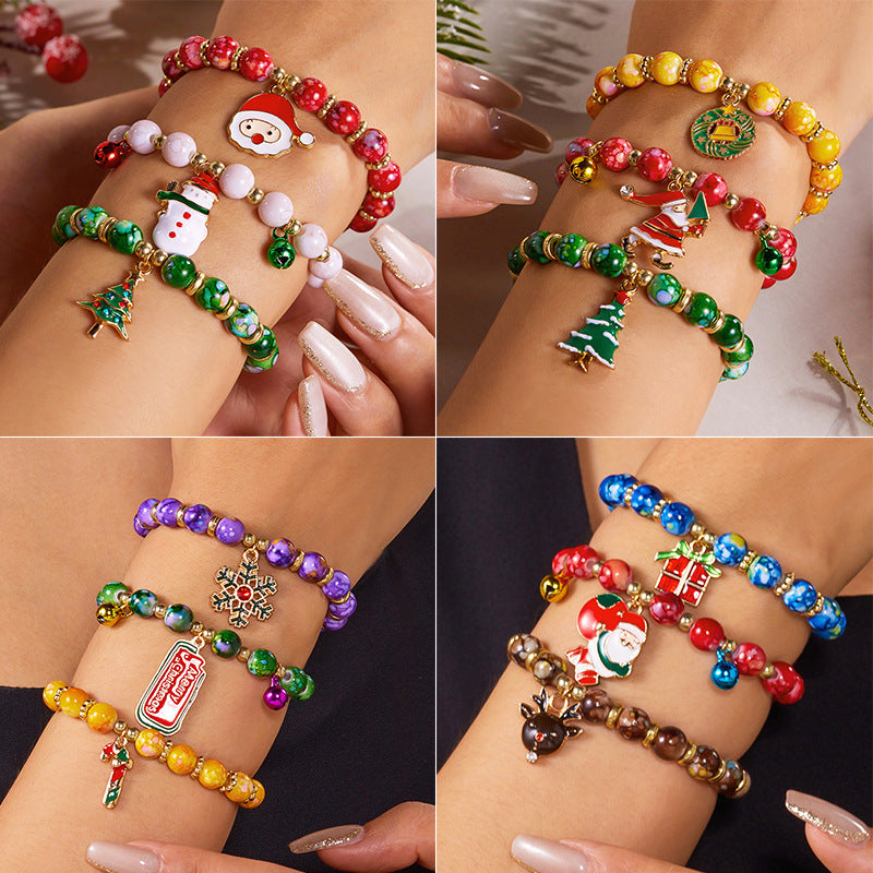 Handmade Alloy Christmas Tree and Santa Claus Beaded Bracelet Set with Snowflake Accents for Women
