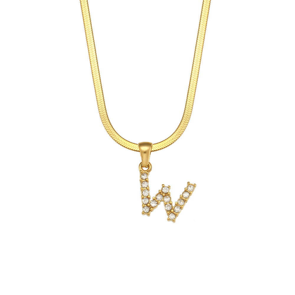 Collana Minimalista con Ciondolo a Lettera in Acciaio Inossidabile con Placcatura in Oro 18K e Zircone su Catena a Serpente Piatta per Donna