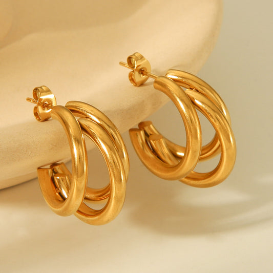 Pendientes minimalistas de acero inoxidable con tres líneas geométricas y baño de oro de 18 quilates para mujer