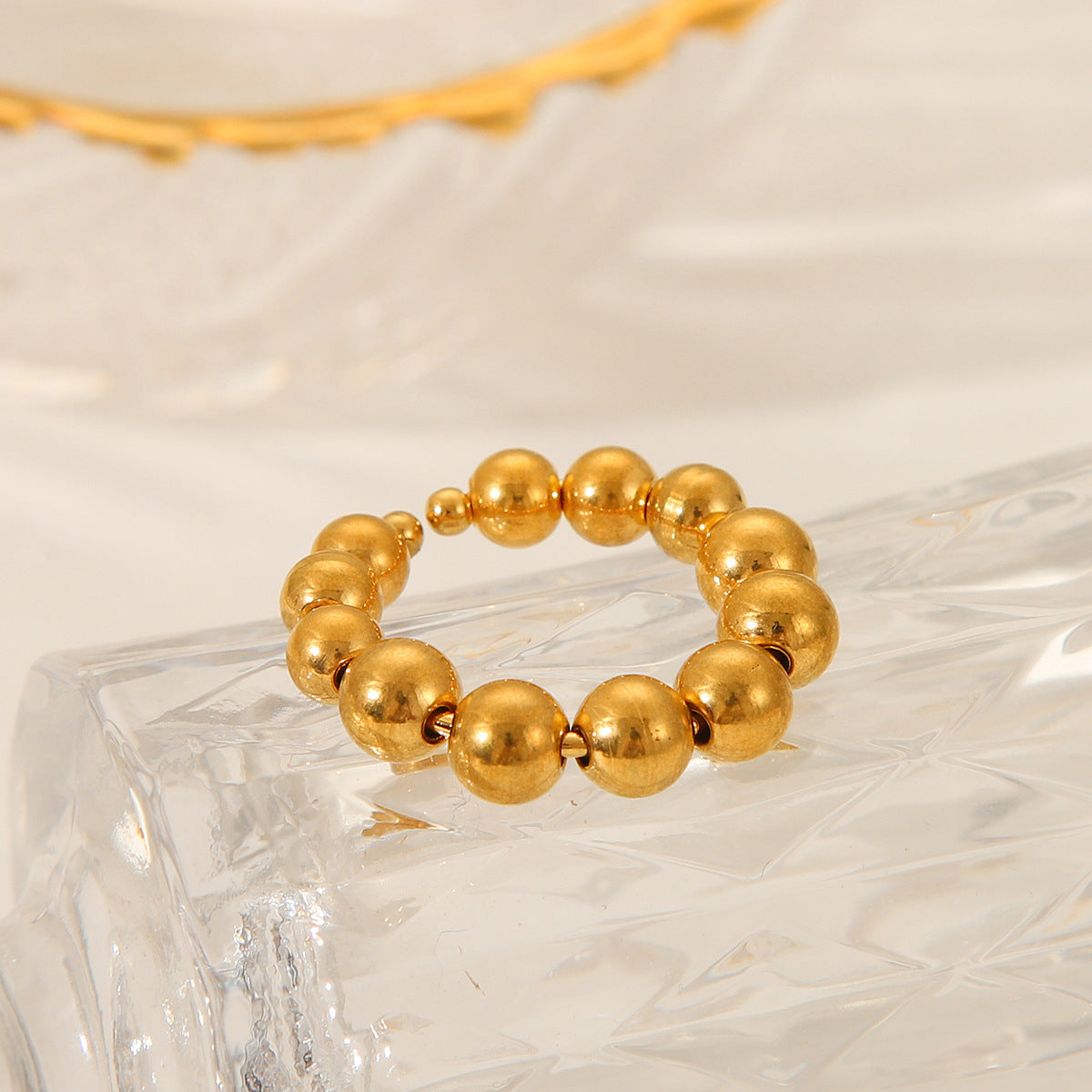 Ins Style Geometric Titanium Steel Open Ring for Women with 18K Gold Plating and Round Bead Detail