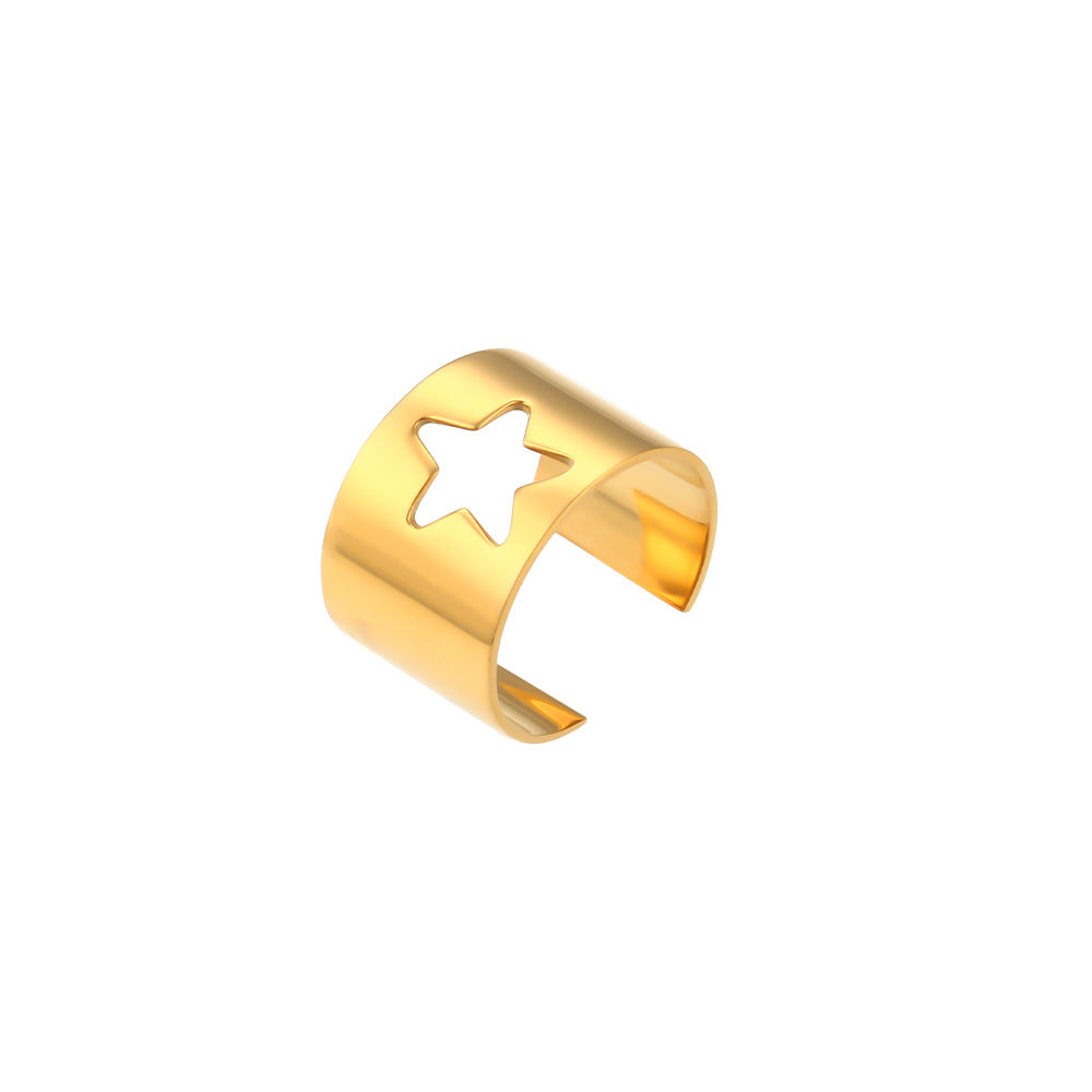 Minimalist Adjustable Butterfly and Crescent Moon Ring for Women in Electroplated 18K Stainless Steel with Hollow-Out Geometric Design