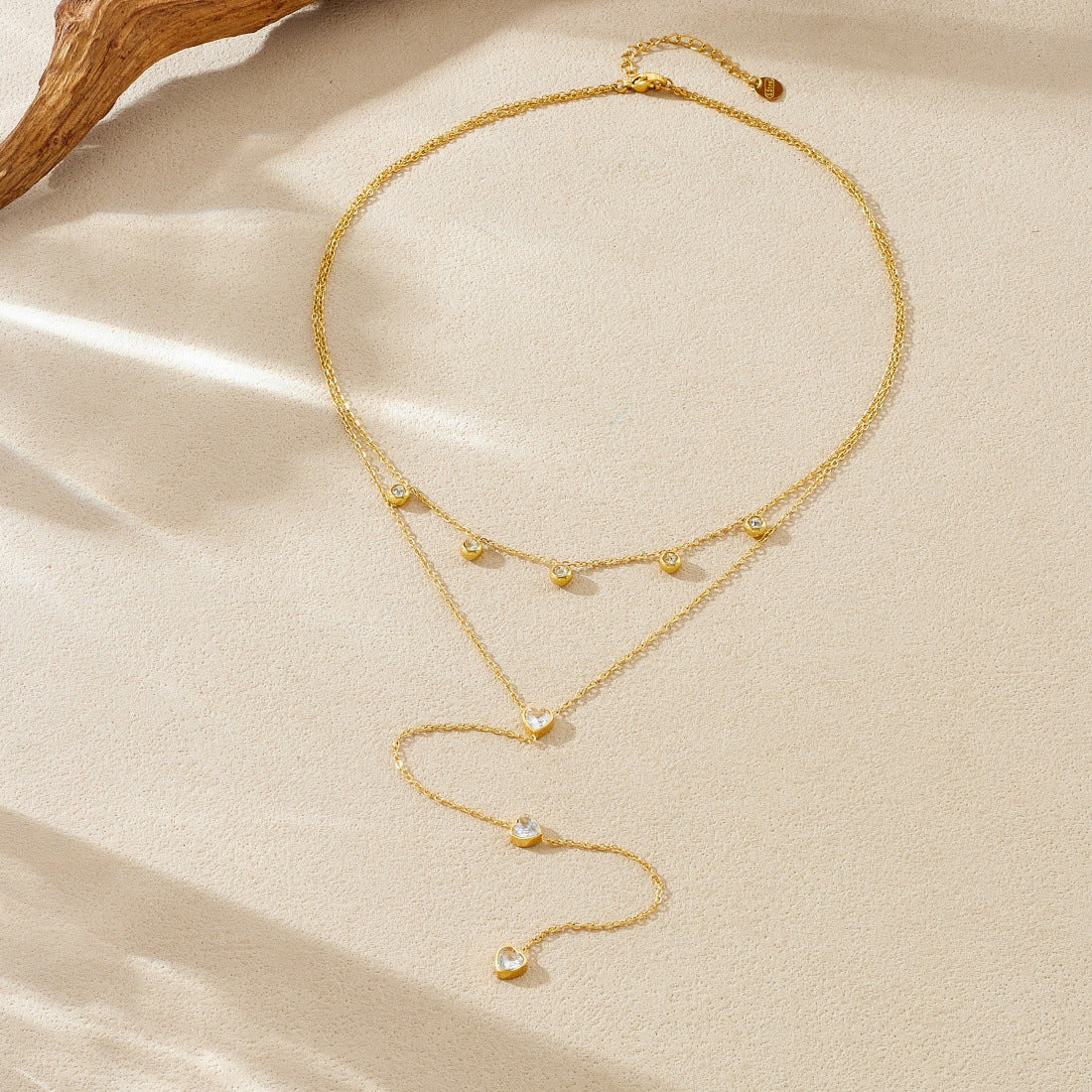 Minimalist Gold Plated Stainless Steel Heart Rhinestone Tassel Layered Necklace for Women