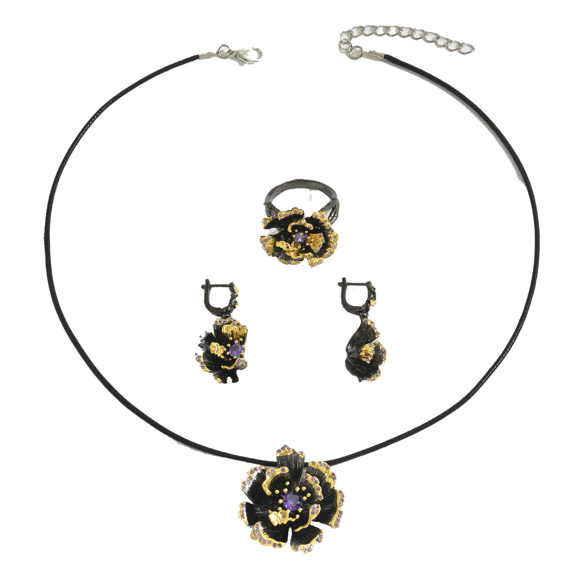Conjunto de collar, pendientes y anillo de aleación retro con girasol floral y diamantes de imitación para mujer