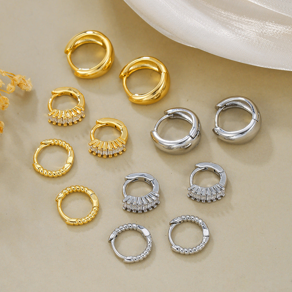 Gold Plated Brass Geometric Round Hoop Earrings with Cubic Zirconia for Women