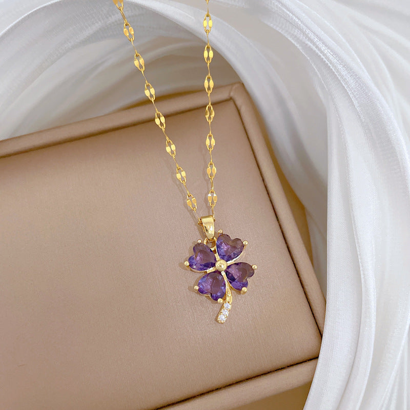 Sweet Minimalist Geometric Floral Inlaid Cubic Zirconia Brass Pendant Titanium Steel Necklace for Women