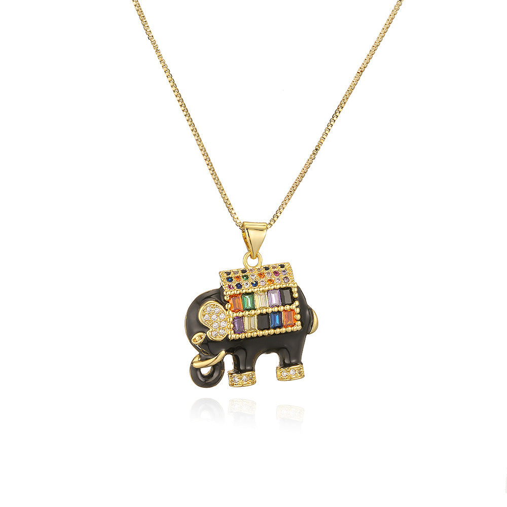 Minimalist Elephant-Shaped Enamel Pendant Necklace for Women with Brass Base and Mixed-Color Zircon Inlay