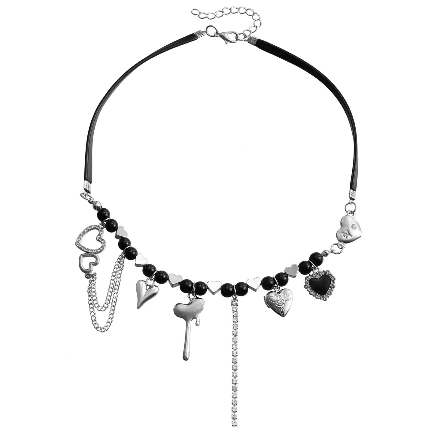 Dark Harajuku Style Heart-Shaped Pendant Necklace for Women with Electroplated Alloy Charm and PU Leather Chain