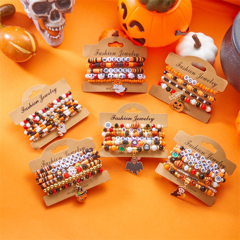 Juego de pulseras de aleación con dije de fantasma y calavera de Halloween dulce y atrevido con detalles de cuentas, regalo de festival unisex