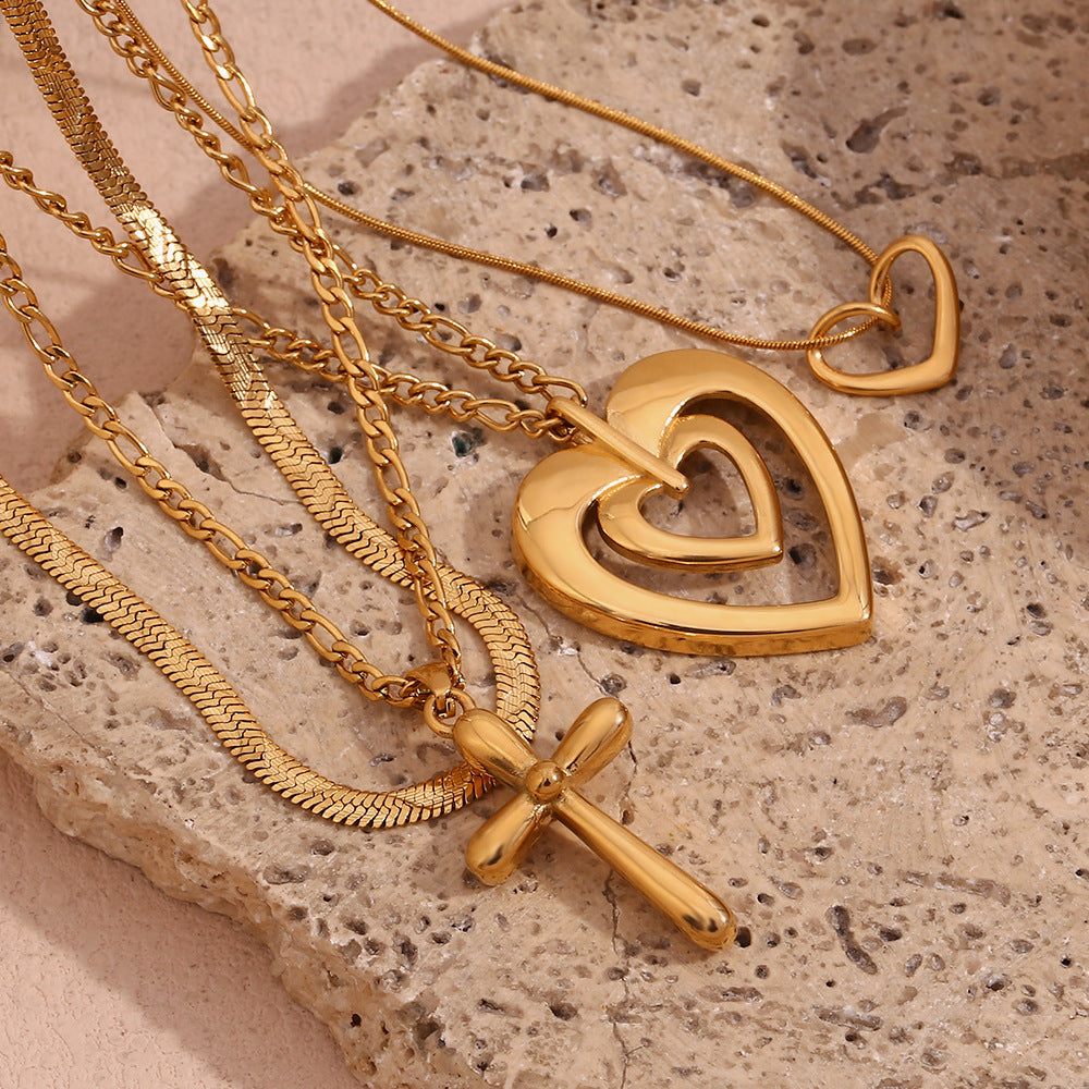 Minimalist Fashion Stainless Steel Plated 18K Gold Hollow Heart and Cross Pendant Necklace for Women