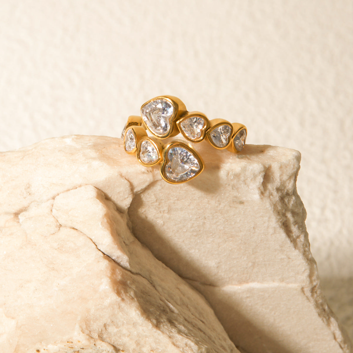 INS Style Heart-Shaped Titanium Steel Ring with 18K Gold Plating and Zircon Inlay, Adjustable Open Band