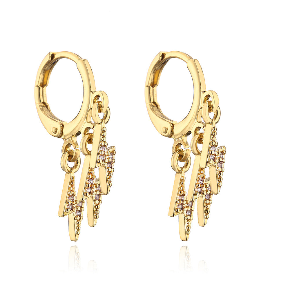 Minimalist Geometric Lightning-Shaped Earrings for Women Made of Brass with 18K Gold Plating and Zircon Inlay