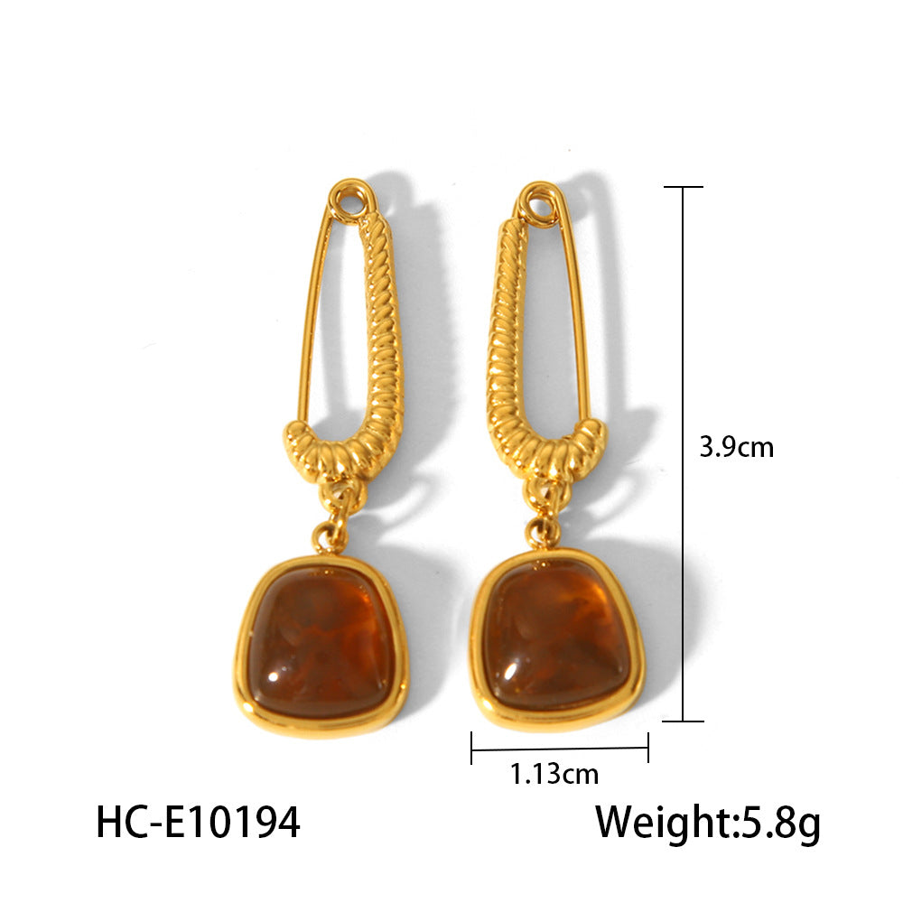 Vintage French Style Geometric Natural Stone Earrings 18K Gold Plated Stainless Steel for Women