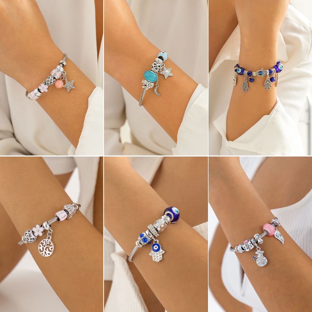Vintage Sweet Floral Geometric Brass Cuff Bracelet with Eye Charm for Women
