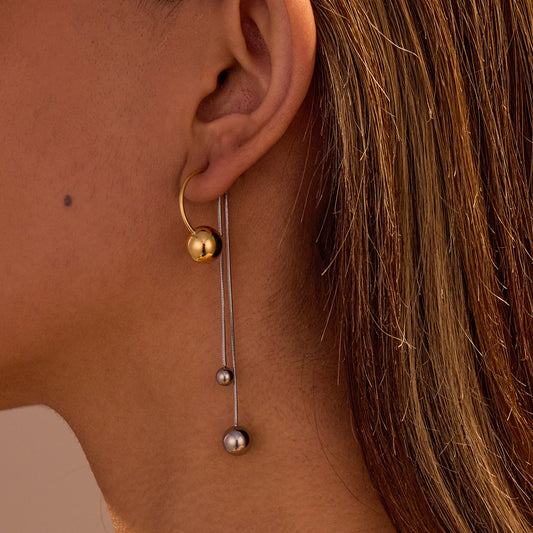 Pendientes de borla y bola de acero inoxidable geométricos de estilo vintage con baño de oro de 18 quilates para mujer