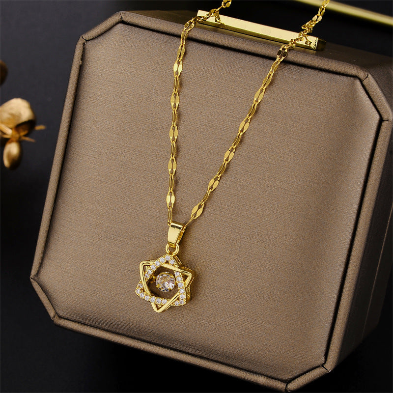 Elegante Collana con Ciondolo Esagramma da Donna in Acciaio al Titanio con Intarsi di Strass e Placcatura in Oro Rosa 18K