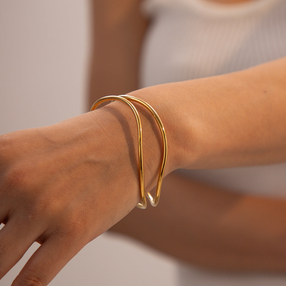 INS Style Geometric Textured Wide Cuff Bracelet for Women Made of Stainless Steel with 18K Gold Plating