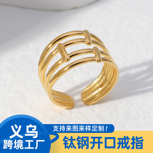 Minimalist Geometric Striped Plated Stainless Steel Ring for Women