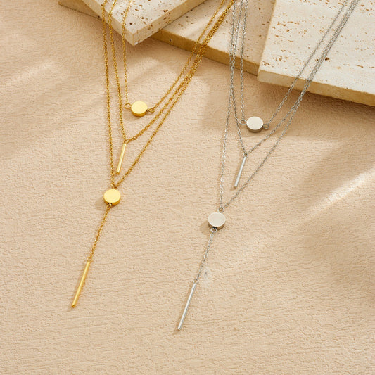 Minimalist Gold Plated Stainless Steel Round and Rectangle Pendant Layered Necklace with Tassel for Women