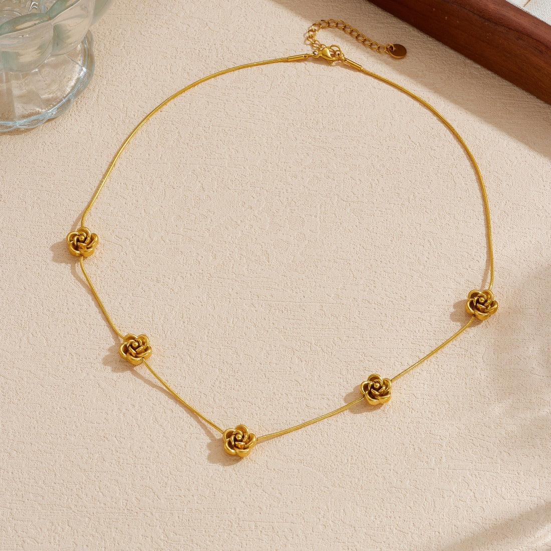 Minimalist Gold Plated Stainless Steel Floral Camellia Necklace Snake Chain