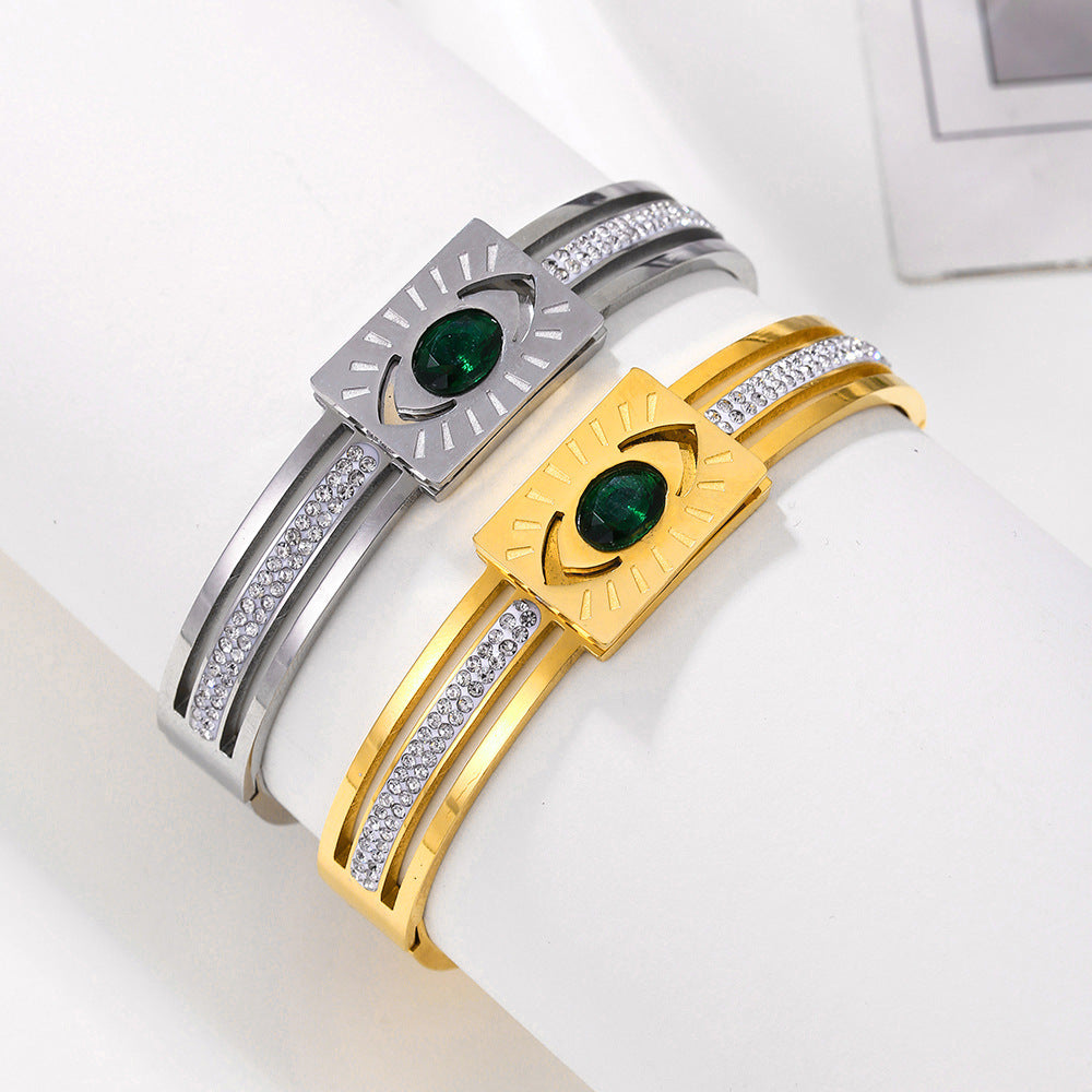 Streetwear 18K Gold PVD Stainless Steel Evil Eye Diamond Inlay Spring Clasp Bangle