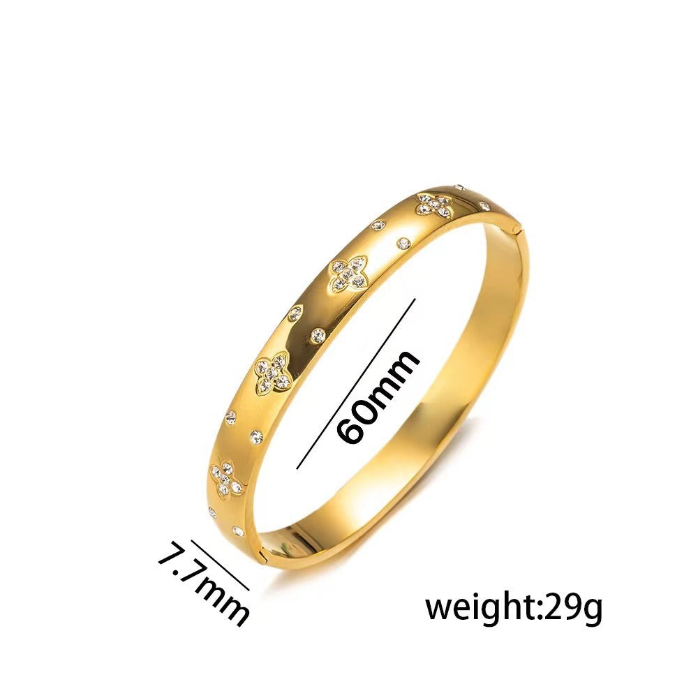 Minimalist Four-Leaf Clover Stainless Steel Bracelet for Women with Rhinestone Inlay and Electroplated Finish