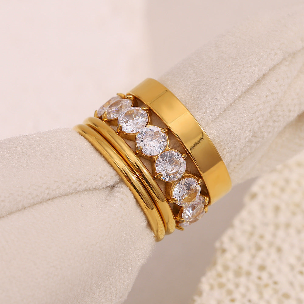 Fashionable Geometric Stainless Steel Ring with 18K Gold Plating and Multi-Layer Zirconia for Women