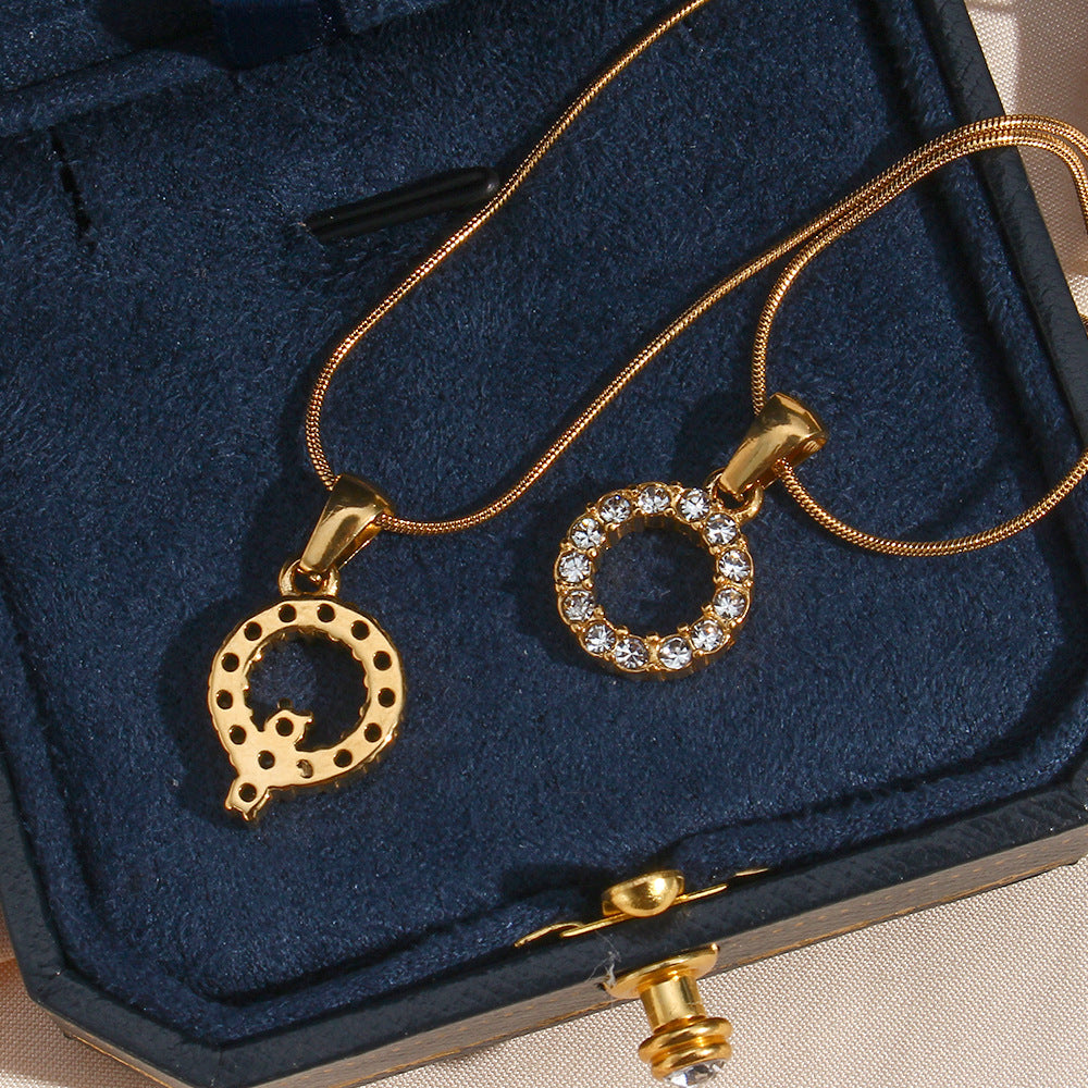 Fashion Minimalist Letter Pendant Necklace in Stainless Steel with 18K Gold Plating and Cubic Zirconia on Thin Snake Chain for Women