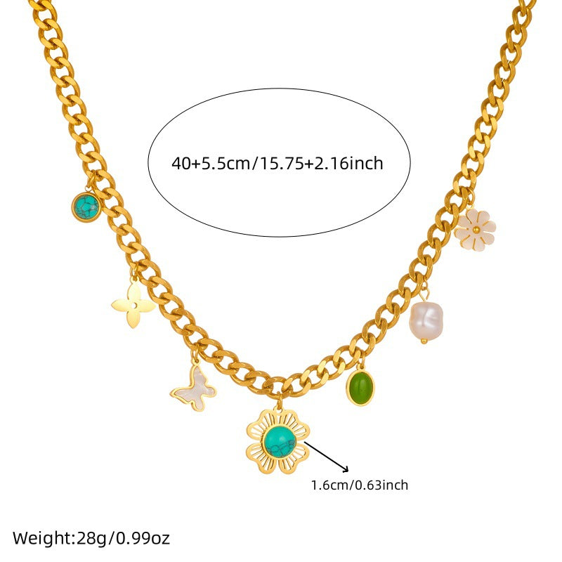 Vintage Stainless Steel Plated Butterfly Daisy Flower Pendant Necklace with Pearl and Turquoise Inlay for Women