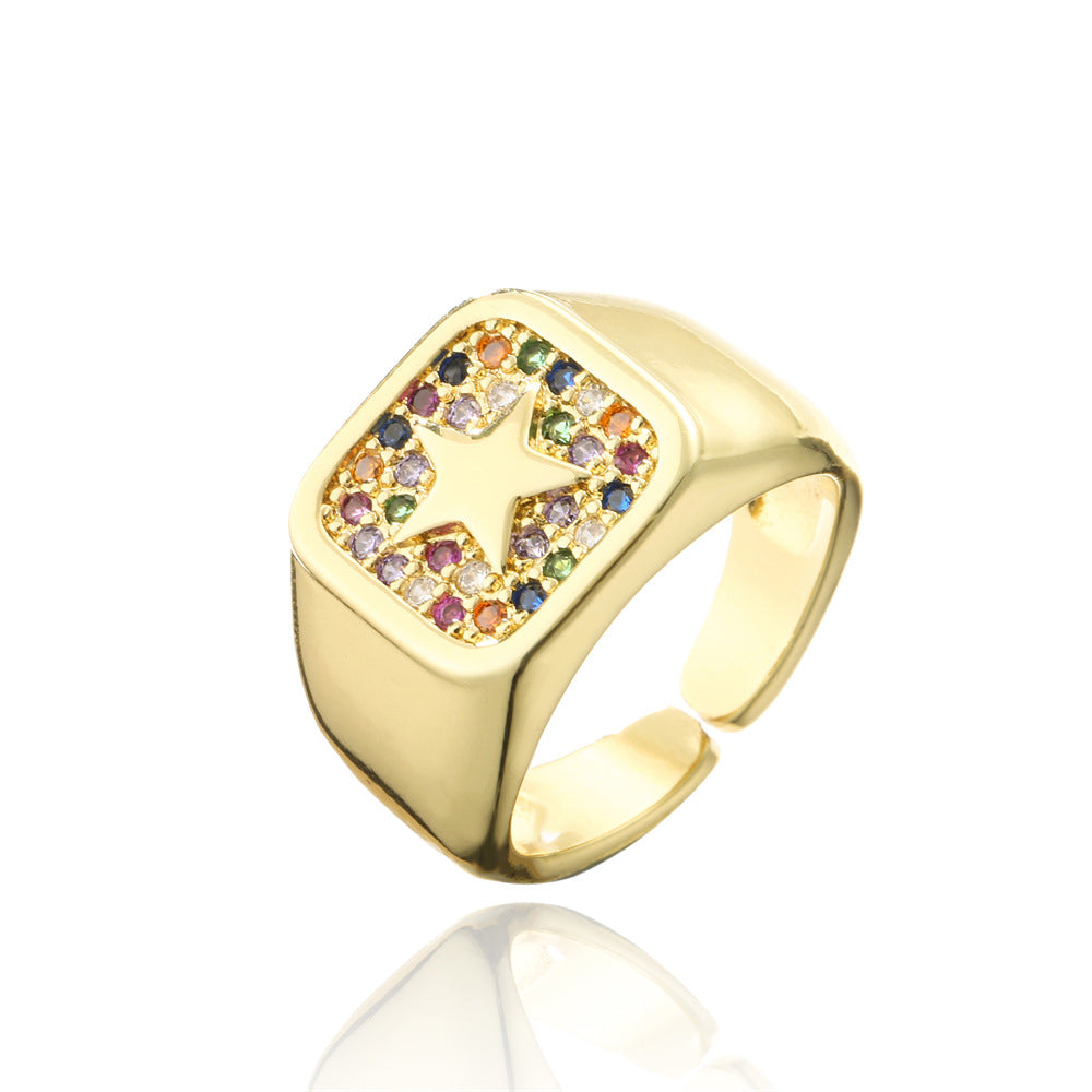 Punk Style Geometric Star-Shaped Copper Ring with 18K Gold Plating and Micro-Pave Zirconia