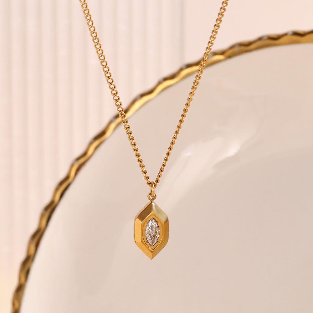 Minimalist Geometric Rhombus Pendant Necklace for Women in Stainless Steel with 18K Gold Plating and White Rhinestone Inlay