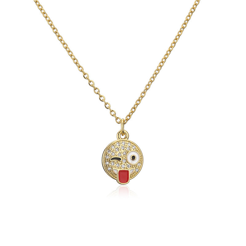 18K Gold Plated Brass Geometric Smile Face Pendant Necklace with Cubic Zirconia for Women