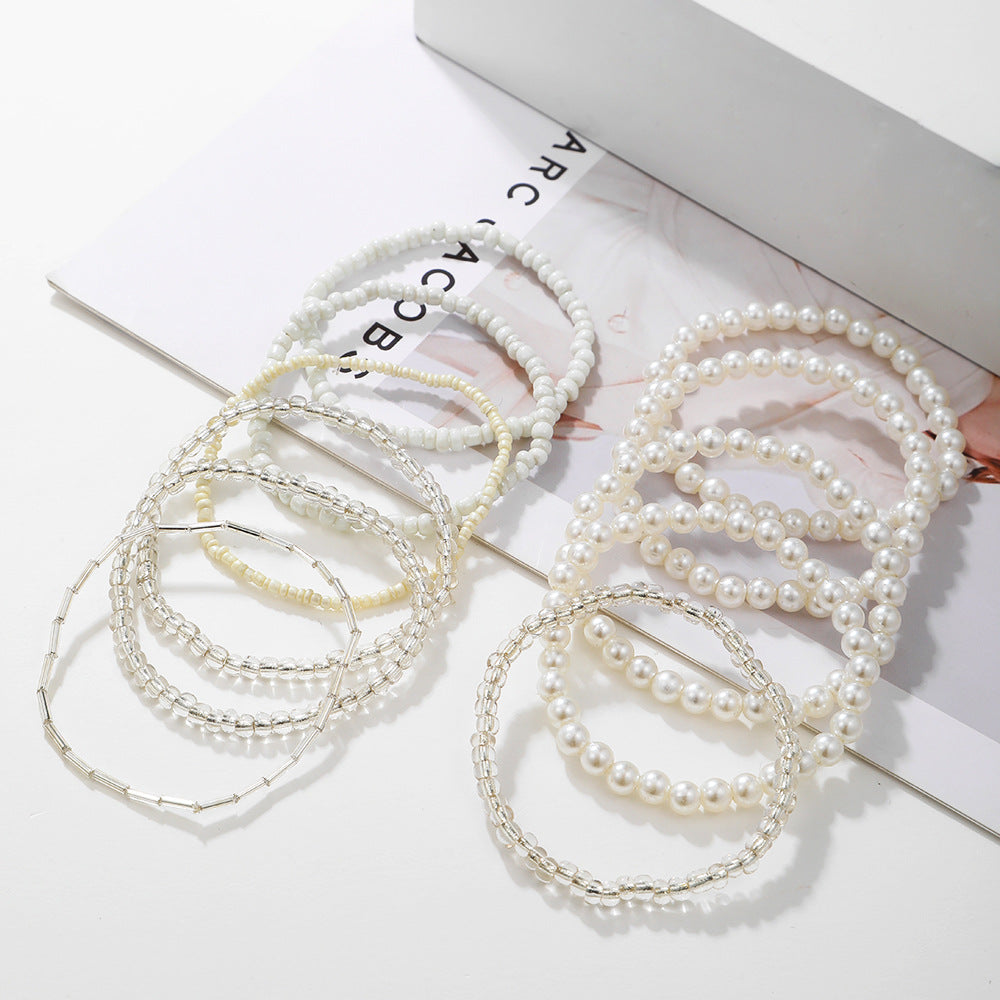 Geometric Multi-Layer Pearl Beaded Bracelet Set