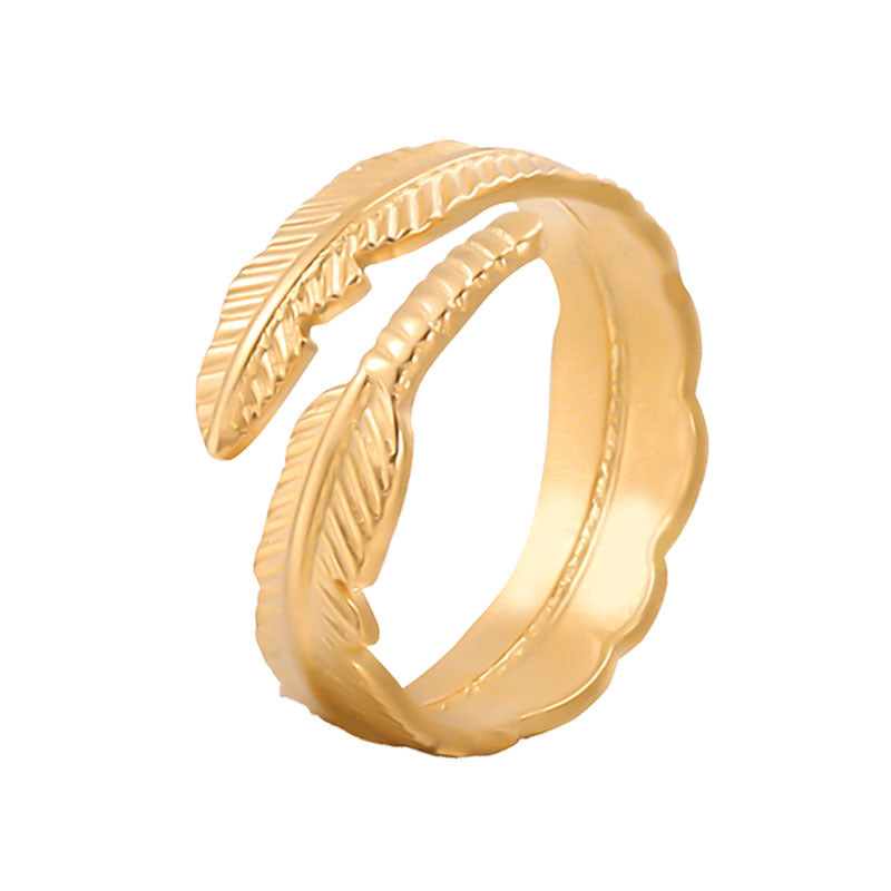 Minimalist Feather-Shaped Titanium Steel Adjustable Open Ring for Women with Plated Finish