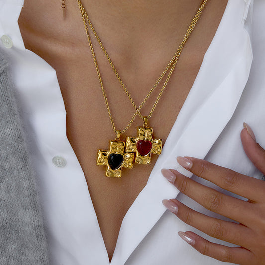 Minimalist Cross Pendant Necklace for Women in Titanium Steel with Zircon Inlay and PVD Gold Plating on Stainless Steel Chain