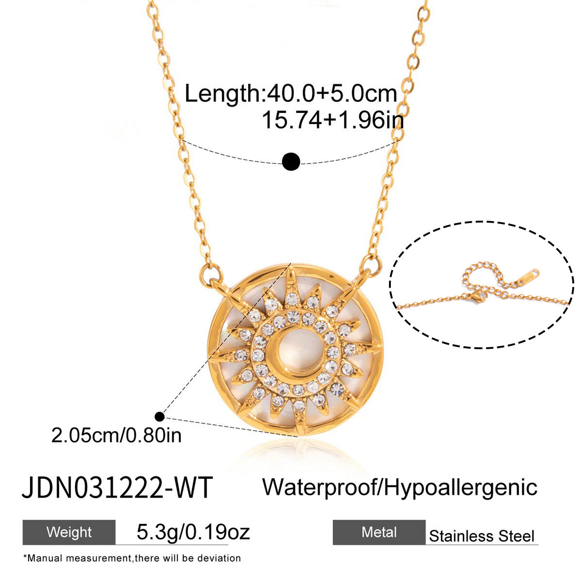 Collana pendente con sole geometrico minimalista con strass e intarsio in madreperla, catena in acciaio inossidabile placcato oro PVD da donna