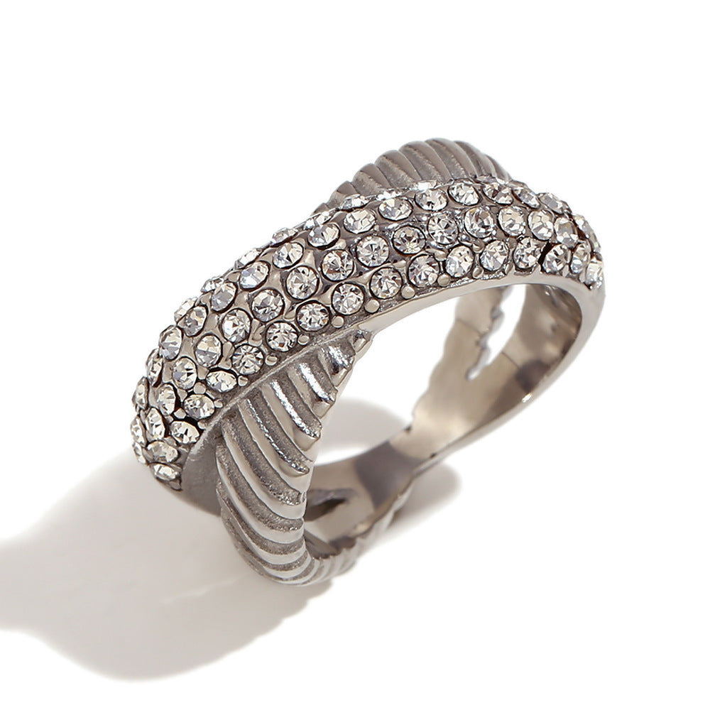 Minimalist Geometric Stainless Steel Ring with 18K Gold Plating and Micro-Paved Zirconia for Women