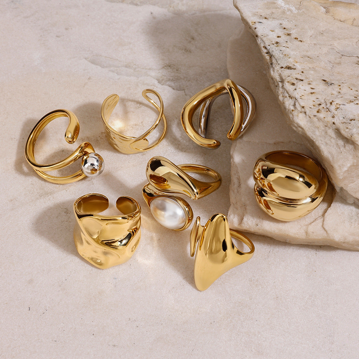 Geometric Stainless Steel Plated Ring with Pearl Inlay for Women