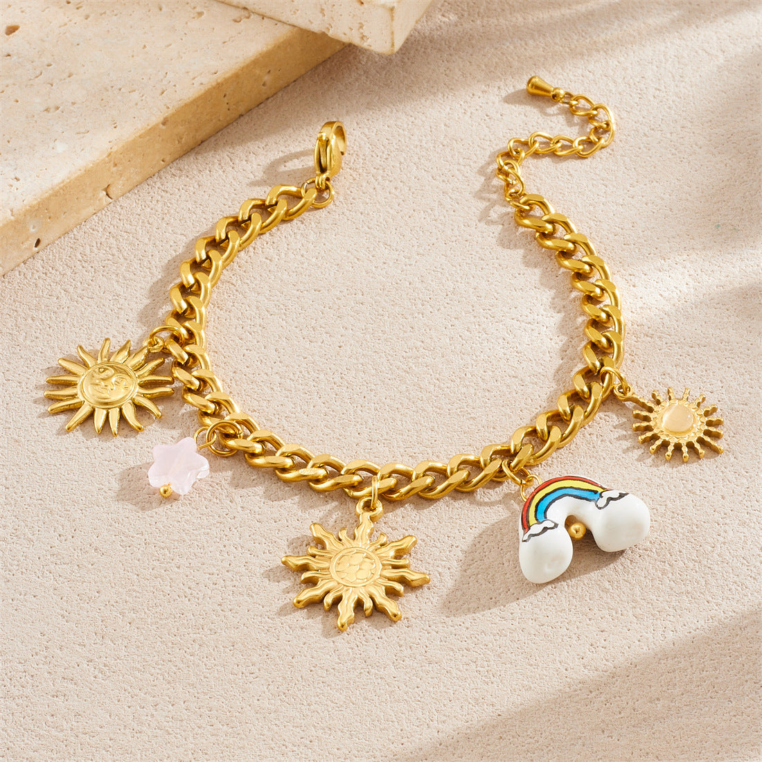 Unique Gold Plated Stainless Steel Moon Star Ceramic Rainbow Pendant Necklace and Bracelet Set for Women