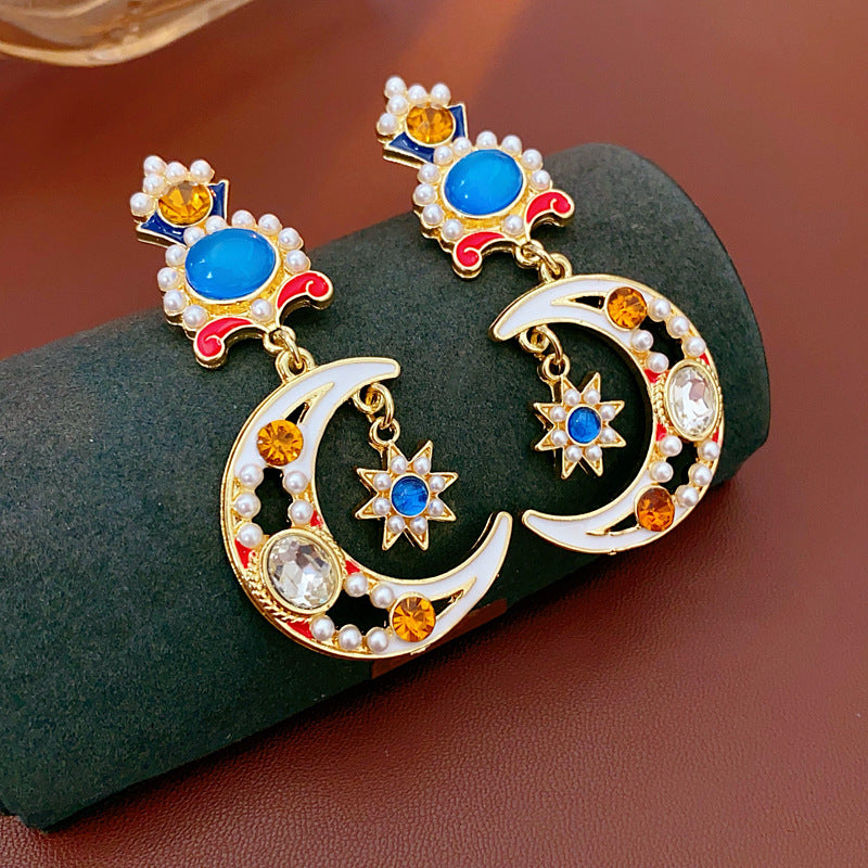 Vintage Floral Star Moon Pearl Stud Earrings with Rhinestone Inlay and Stainless Steel Posts for Women