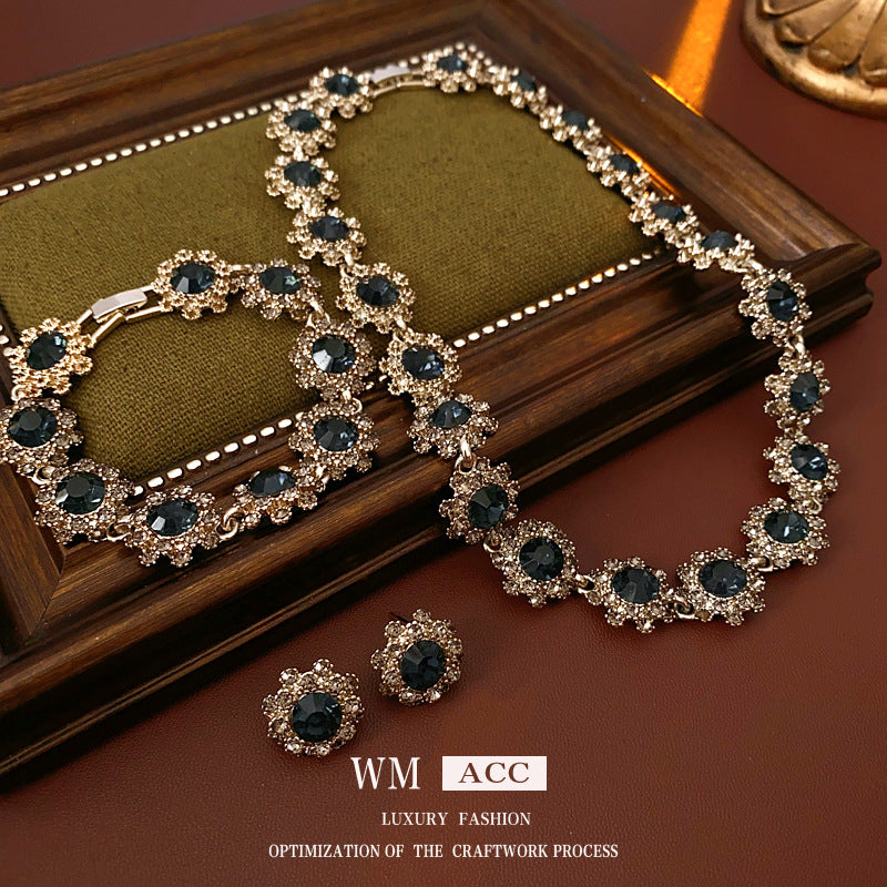 Vintage Floral Flower Earrings Bracelet Necklace Set for Women Alloy Jewelry with Rhinestone Inlay Locket Chain Minimalist Elegant Luxury Style