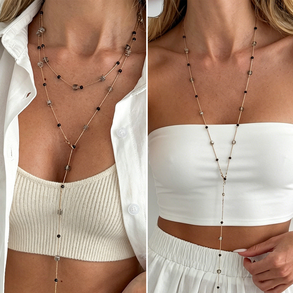 Streetwear Geometric Square Crystal Pendant Plated Brass Necklace for Women