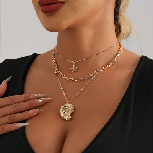 Collar con colgante de concha marina y estrella de mar de inspiración vintage para mujer, collar con cadena de serpiente de aleación con acabado chapado