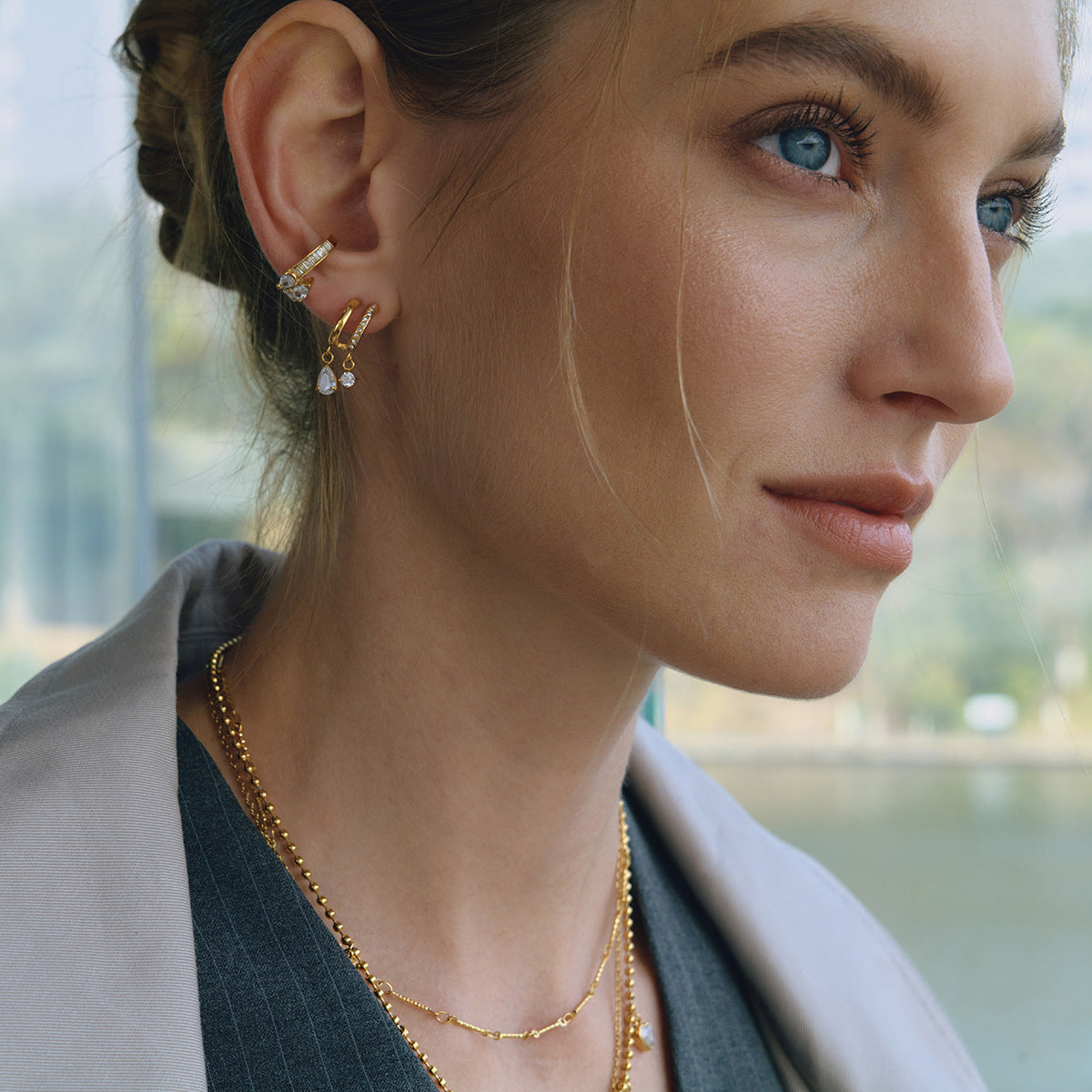 Elegant Teardrop Geometric Stainless Steel Cubic Zirconia Plated Ear Cuff Earrings for Women
